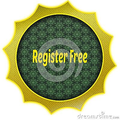 Golden badge with REGISTER FREE text. Stock Photo