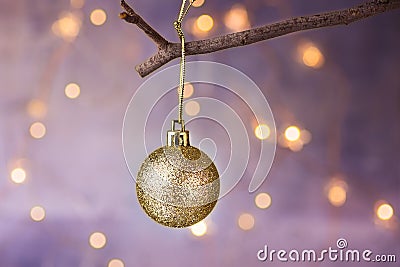 Golden ball Christmas ornament hanging on dry tree branch. Shining garland golden lights. Beautiful pastel background Stock Photo