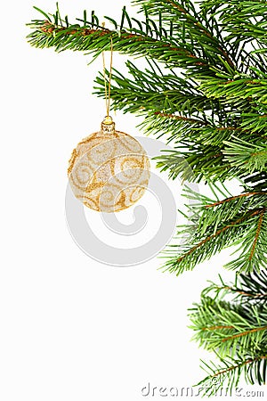 Golden ball on christmas tree Stock Photo