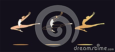 Golden ballerina woman in outline style. Set of silhouette, Ballet dancer Cartoon Illustration