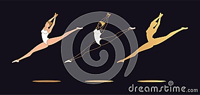 Golden ballerina woman in outline style. Set of silhouette, Ballet dancer Vector Illustration