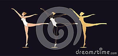 Golden ballerina woman in outline style. Set of silhouette, Ballet dancer Vector Illustration