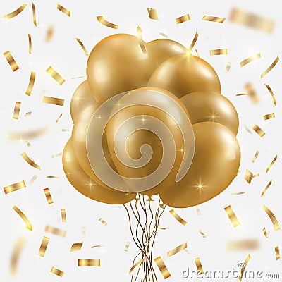 Golden balloons bundle, and falling confetti. Winner concept. Vector Illustration