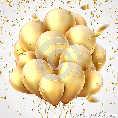 Golden balloons. Realistic party ribbons, confetti and gold birthday party decoration flying helium balloon. Vector Vector Illustration