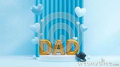 Golden Balloony DAD Text with Flying Blue Hearts on Light Blue Stage or Round Podium for Father Day Celebration Stock Photo