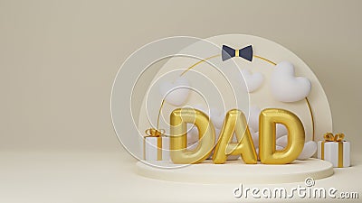 Golden Balloony DAD Text with Gift Boxes and Bow Tie on Circular Stage or Podium for Father Day Celebration Concept. 3D Stock Photo