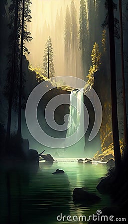 The Golden Ballroom: A Secluded, Misty Forest Glade Waterfall Stock Photo