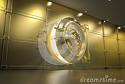 Golden bank vault door open Stock Photo