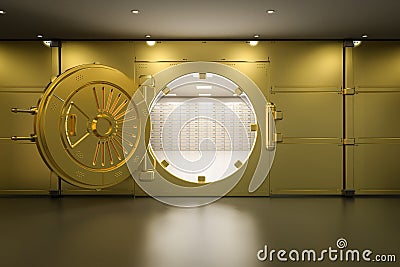 Golden bank vault door open Stock Photo