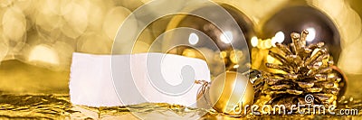 Golden banner with baubles and cone, empty label for own text Stock Photo
