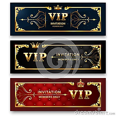 Golden banner. Gold royal crown, luxury exclusive glamour club flyer and luxurious elegant banners vector set Vector Illustration