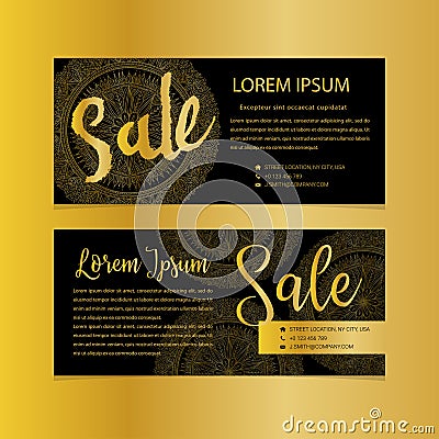 Golden banners. Gold text. Gift, luxury, card, vip exclusive certificate privilege voucher store present shopping sale Vector Illustration