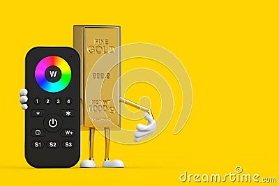 Golden Bar Cartoon Person Character Mascot with Infrared Remote Lighting Control for RGB Led Lamp or RGB Strip. 3d Rendering Stock Photo