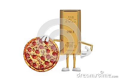 Golden Bar Cartoon Person Character Mascot with Tasty Pepperoni Pizza. 3d Rendering Stock Photo