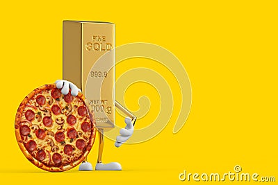 Golden Bar Cartoon Person Character Mascot with Tasty Pepperoni Pizza. 3d Rendering Stock Photo