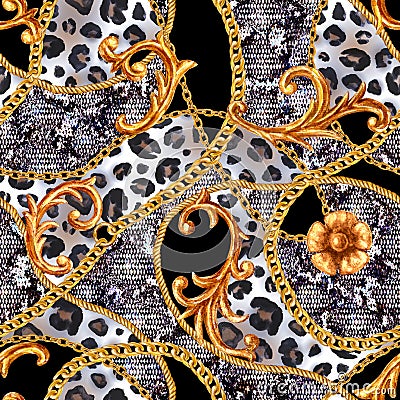 Golden baroque chain glamour leopard seamless pattern. Watercolor hand drawn fashion gold and animal texture Stock Photo