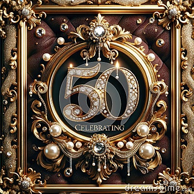 Golden Baroque Frame: Celebrating 50 Stock Photo