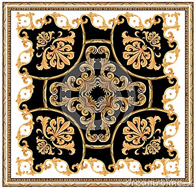 golden baroque ornament white black background scarf pattern Stock Photo