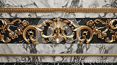 Golden Baroque Scrollwork on Marble Backdrop in Opulent Style. Stock Photo