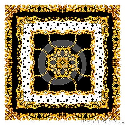 Golden Baroque Silk Shawl Textile Print, Scarf Design for Silk Print. Vintage Style Pattern Ready for Textile. Square fashion prin Stock Photo