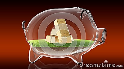 Golden bars inside transparent piggy bank. 3d rendering Stock Photo