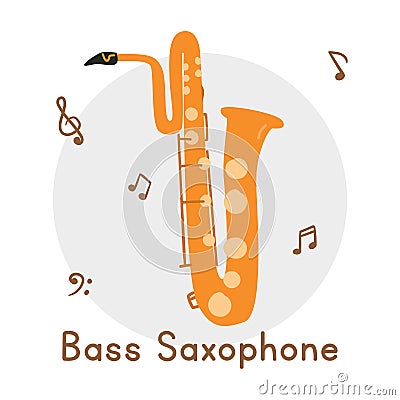 Golden bass saxophone clipart cartoon style. Bass saxophone brass musical instrument flat vector illustration Vector Illustration