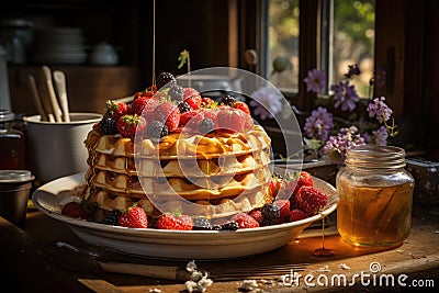 Golden battery of waffles with strawberries and syrup., generative IA Stock Photo