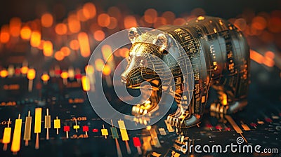 Golden bear on stock market graph symbolizing bearish market trends, financial analysis, and economic downturn. Generative AI Stock Photo