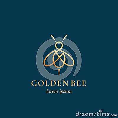 Golden Bee Abstract Vector Sign, Symbol or Logo Template. Line Style Honey Bee Sillhouette with Retro Typography Vector Illustration