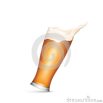 Golden beer, ale or lager splashing in transparent glass isolated. Mug of fresh cold beer alcohol Vector Illustration