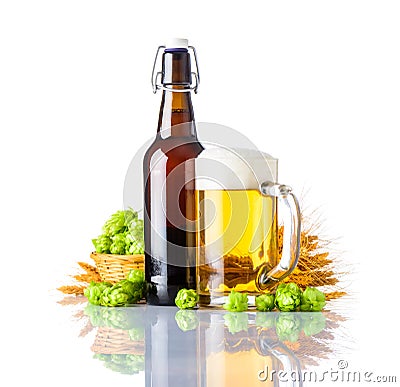 Golden Beer with Wheat and Hops Stock Photo