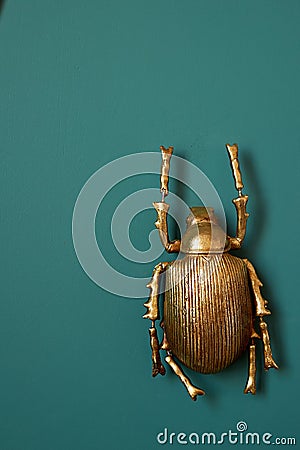 A golden beetle against a green wall. Interior design.Decoration of the walls. Stock Photo