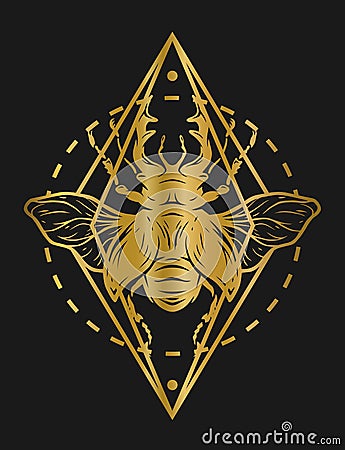 Golden beetle deer and geometric elements. Vector Illustration