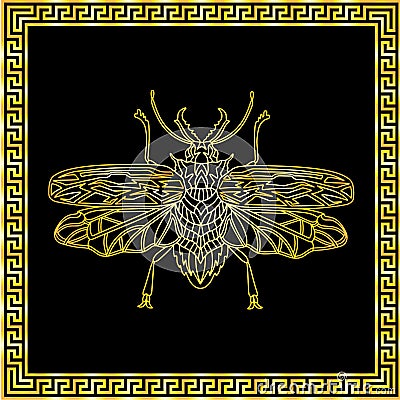 A golden beetle with a golden square frame in Greek style. Vector Illustration