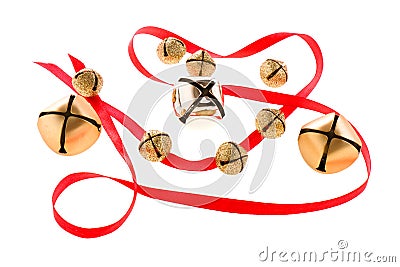 Golden bells and red ribbon Stock Photo