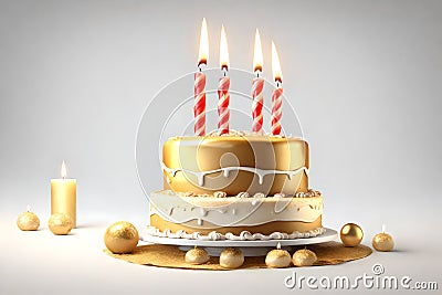 Golden Birthday Cartoon Dessert Tiered Cake with colored burning candles Stock Photo