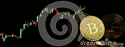 Golden bit coin model and stock market graph for crypto currency finance business on banner black background Stock Photo