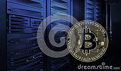 Golden bitcoin in the background of datacenter in dark room. Racks of Glowing Computers in Perspective. Bitcoin Mining Stock Photo