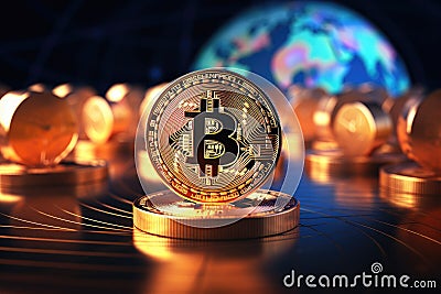 Golden bitcoin on the background of the earth. 3D illustration, Modern way of exchange. Bitcoin is convenient payment in global Cartoon Illustration