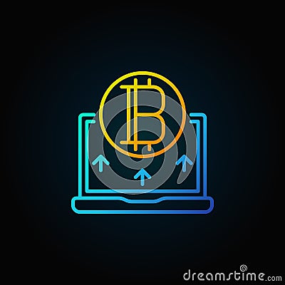 Golden bitcoin with blue laptop line icon - vector cryptocurrency Vector Illustration