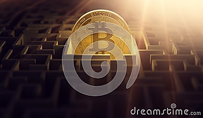 Golden Bitcoin in the central point of maze. Bitcoin as a solution for financial problems. 3D rendering Stock Photo