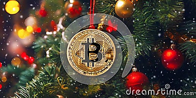 Golden bitcoin on christmas tree background. Cryptocurrency concept Stock Photo