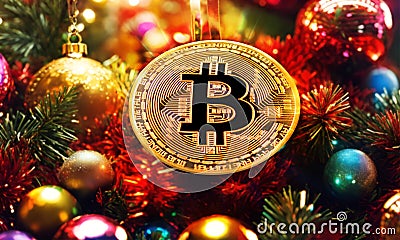 Golden bitcoin on Christmas tree background. Cryptocurrency. New Year and Christmas Stock Photo