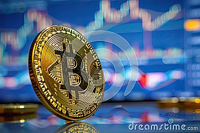Golden Bitcoin coin with background of earth viewing from outerspace and chain in concept of blockchain and bitcoin will be future Stock Photo