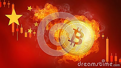 Golden bitcoin coin on China flag in fire is falling. Stock Photo