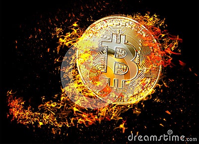 Golden bitcoin coin flying in fire flame. Burning crypto currency bitcoin symbol illustration isolated on black background. 3D ren Cartoon Illustration