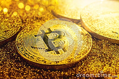 golden bitcoin coin with glitter lights grunge crypto Currency Stock Photo