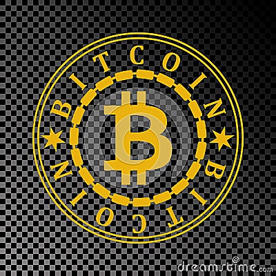 Golden bitcoin coin symbol with name, stars and gold chain. Crypto currency golden coin bitcoin icon isolated on black Vector Illustration