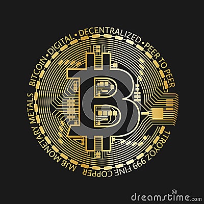 Golden bitcoin coin, vector crypto currency golden symbol Vector Illustration