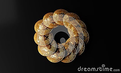 Golden bitcoin coins on black background. 3D rederig Stock Photo